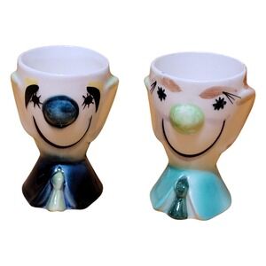 Lefton Anthropomorphic Egg‎ Cups Clown Ceramic Blue Novelty Decor
